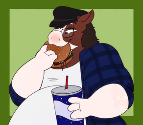 anthro belly black_clothing black_eyewear black_glasses black_hat black_headwear blue_clothing blue_jacket blue_topwear border brown_body brown_fur brown_hair burger clothed clothing container countershade_face countershade_fur countershading cup disposable_cup drinking_straw eating eyewear food fur glasses gloves green_background green_border hair handwear hat headgear headwear humanoid_hands jacket male male_anthro markings open_clothing open_jacket open_topwear overweight overweight_anthro overweight_male pattern_clothing pattern_topwear plaid plaid_clothing plaid_topwear rectangular_glasses simple_background solo topwear white_body white_countershading white_markings strawberrymilkdog blair_(kaspian) clydesdale draft_horse equid equine horse mammal 2023 half-length_portrait hi_res portrait watermark