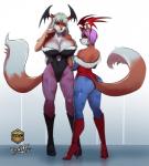 alternate_species ambiguous_gender anthro big_breasts big_butt boots breasts butt clothed clothing cosplay crossdressing crossplay duo female footwear green_eyes high_heeled_boots high_heels holidays huge_breasts looking_at_viewer looking_back shoes rifthebit capcom darkstalkers halloween unitypressdigital lilith_aensland morrigan_aensland canid canine fox mammal