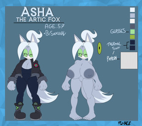 anthro areola big_areola big_breasts bodysuit boots breasts cleavage clothed clothing eyewear female fist footwear furrowed_eyebrows genitals glasses green_eyewear green_glasses hair huge_breasts jacket looking_aside mature_female nipples nude nude_female ponytail shoes skinsuit solo tight_clothing topwear vulva flamez sega sonic_the_hedgehog_(series) asha_the_arctic_fox_(flamez) fan_character arctic_fox canid canine fox mammal true_fox absurd_res hi_res model_sheet