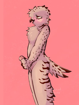 anthro balls beak black_body black_feathers blush brown_beak brown_eyes brown_markings brown_spots butt eyelashes feathers genitals humanoid_genitalia humanoid_penis looking_pleasured male markings masturbation nude penis pink_body pink_feathers pink_mouth plantigrade side_view skinny smile solo spots text white_body white_feathers chemicalcreature harper_(chemicalcreature) avian bird horned_owl owl snowy_owl true_owl 2025 artist_name colored digital_media_(artwork) shaded signature watermark nonbinary_(lore) trans_(lore)