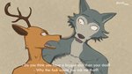 16:9 anthro antlers aureldrawsstuff awkward_moment beastars canid canine canis cervine deer duo english_text fur horn humor legoshi_(beastars) louis_(beastars) male male/male mammal multicolored_body multicolored_fur naked_torso open_mouth profanity red_deer simple_background text two_tone_body two_tone_fur widescreen wolf