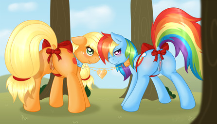 accessory anatomically_correct anatomically_correct_genitalia anatomically_correct_vulva animal_genitalia animal_vulva anus blonde_hair blue_body blue_feathers blue_fur blush bodily_fluids bow_(feature) bow_accessory bow_ribbon butt cloud collar cutie_mark duo equine_genitalia equine_vulva feathered_wings feathers female feral freckles fur furgonomics genital_fluids genitals green_eyes hair heart_symbol looking_at_viewer looking_back multicolored_hair multicolored_tail outside plant presenting presenting_hindquarters presenting_vulva purple_eyes rainbow_hair rainbow_tail ribbons sky tail tail_accessory tail_bow tail_ribbon tree vaginal_fluids vulva wings ratofdrawn friendship_is_magic hasbro my_little_pony mythology applejack_(mlp) rainbow_dash_(mlp) earth_pony equid equine horse mammal mythological_creature mythological_equine pegasus pony 2012 digital_media_(artwork)