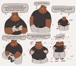 6_panel_comic anthro black_clothing black_shirt black_t-shirt black_topwear boots bottomwear brown_body clothing coin dialogue footwear gloves hand_in_pocket handwear humor male overweight overweight_anthro overweight_male pants pockets shaking shirt shoes simple_background smile smiling_at_viewer solo speech_bubble t-shirt text topwear white_background white_bottomwear white_clothing white_gloves white_handwear white_pants krunnnnnch mihoyo zenless_zone_zero kind_bear_(zenless_zone_zero) bear mammal 2024 comic english_text hi_res multiple_images