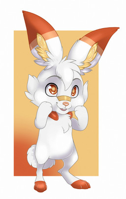 anthro cheek_tuft chibi dipstick_ears ear_markings facial_tuft featureless_crotch front_view fur hair looking_at_viewer male multicolored_ears nude open_mouth open_smile orange_eyes smile solo standing tail tuft white_body white_fur white_hair white_tail milk-jug nintendo pokemon generation_8_pokemon pokemon_(species) scorbunny full-length_portrait portrait
