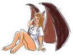 anthro bottomless breasts clothed clothing female hair shirt sitting smile smiling_at_viewer solo text text_on_clothing text_on_shirt text_on_topwear topwear wings smaggthesmug disney gargoyles maggie_reed_(gargoyles) felid mammal mutate_(gargoyles) 2016 digital_media_(artwork) english_text