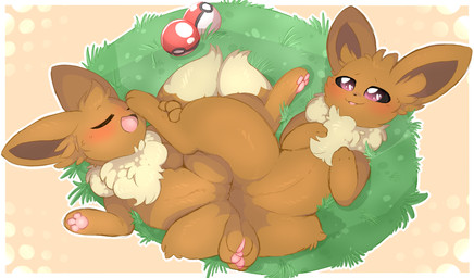 3_fingers 3_toes ambiguous/ambiguous ambiguous_gender ass_to_ass barefoot blush brown_body brown_fur duo eyes_closed feet feral feral_on_feral fingers foot_fetish foot_play foot_sniffing footsie fur grass hair happy hindpaw lying nude on_back open_mouth outside pawpads paws pink_pawpads plant pokeball purple_eyes simple_background smile sniffing standard_pokeball toes tongue tuft backsash nintendo pokemon canid eevee generation_1_pokemon mammal pokemon_(species) 2019 absurd_res digital_media_(artwork) hi_res