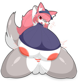 anthro areola big_breasts biped blush breasts clothed clothing countershading crouching eyebrows facial_markings feet female front_view grey_body hair hat head_markings headgear headwear huge_breasts huge_thighs inner_ear_fluff inverted_nipples kneeling looking_at_viewer markings multicolored_body nipples one_eye_closed open_mouth pantsless pink_ears pink_hair red_eyes simple_background solo tail thick_thighs topwear tuft two_tone_body underwear white_background white_body zaclyn canid canine mammal 2026 absurd_res digital_media_(artwork) hi_res