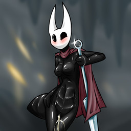 anthro black_eyes blush bodily_fluids breasts cloak cloak_only clothing featureless_breasts female female_peeing genital_fluids genitals holding_melee_weapon holding_object holding_weapon horn looking_at_viewer melee_weapon peeing red_clothing simple_background solo standing tail urine urine_on_leg urine_stream vulva watersports weapon ryofox630 hollow_knight_(franchise) team_cherry hornet_(hollow_knight) arthropod insect 1:1 digital_media_(artwork) hi_res