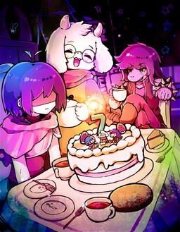 ambiguous_gender ambiguous_human anniversary anthro armband bracelet cake candle clothed clothing container cup cutlery dessert eyewear food fork freckled_face freckles fruit glasses group hair hair_over_eyes jewelry kitchen_utensils light lit_candle male plant plate scarf spiked_armband spiked_bracelet spikes strawberry tea_cup teapot tools trio 007f89_siyo deltarune undertale_(series) kris_dreemurr ralsei susie_(deltarune) bovid caprine darkner goat human mammal monster scalie 2025 colored digital_media_(artwork) digital_painting_(artwork) hi_res painting_(artwork)