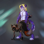 1:1 abstract_background anthro ass_up big_tail blonde_hair breasts canid canine canis cheek_tuft claws digitigrade duo eyes_closed facial_tuft felid female fluffy fluffy_tail from_behind_position fur grin hair kotenokgaff leopard male mammal multicolored_body multicolored_fur muscular muscular_male mythological_canine mythological_creature mythology open_mouth pantherine rainbow_body rainbow_fur sex smile snow_leopard sparklecat spots standing tail teeth tuft were werecanid werecanine werewolf wheelbarrow_position wolf