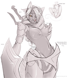 anthro armor breast_fondling breast_play breasts clothed clothing female fondling hand_on_breast licking licking_lips licking_own_lips nipples nude self_lick shield solo text tongue tongue_out topless unconvincing_armor tsampikos azza felid mammal digital_media_(artwork) english_text sketch
