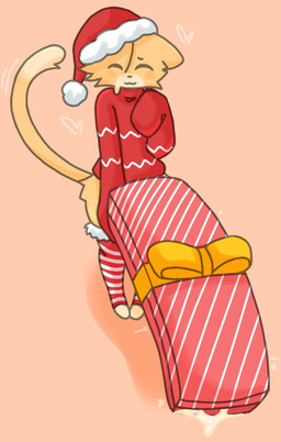 anthro bodily_fluids bottomless bottomless_anthro bottomless_male christmas_clothing christmas_headwear clothed clothing countershade_face countershading cum cum_drip dick_in_a_box dipstick_tail dripping eyes_closed fur genital_fluids gift hair hat headgear headwear holidays legwear male male_anthro markings multicolored_body multicolored_clothing multicolored_fur multicolored_legwear multicolored_stockings multicolored_tail orange_body orange_ears orange_fur orange_hair orange_tail orange_tuft pattern_clothing pattern_legwear pattern_stockings pattern_sweater pattern_topwear red_clothing red_hat red_headwear red_legwear red_stockings red_sweater red_topwear santa_hat simple_background smile solo standing stockings striped_clothing striped_legwear striped_stockings stripes sweater tail tail_markings tan_background tan_body tan_countershading tan_tail_tip topwear tuft horniicat christmas alex_(horniicat) domestic_cat felid feline felis mammal 2024 digital_media_(artwork) hi_res