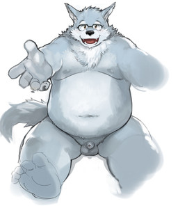 anthro balls belly black_nose blue_body blue_fur eyewear fur genitals glasses humanoid_genitalia humanoid_hands humanoid_penis kemono male micropenis navel overweight overweight_male penis simple_background sitting small_penis solo white_background kita_9999 canid canine canis mammal wolf 2015 hi_res