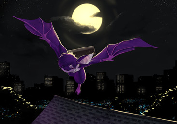 ambiguous_gender anthro city city_background cityscape feral flying fur light membrane_(anatomy) membranous_wings moon moonlight purple_body purple_fur rabbat smile solo spread_wings wings aogami bat cottontail_rabbit hybrid lagomorph leporid mammal megabat rabbit absurd_res hi_res