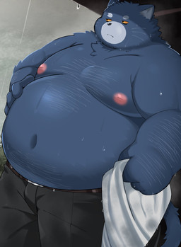 anthro belly big_belly black_nose kemono male moobs navel nipples outside overweight overweight_male raining solo standing wet trail_arnak domestic_cat felid feline felis mammal 2026 hi_res