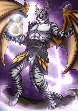 abs anthro claws front_view fur glistening glistening_eyes green_eyes hair horn hourglass_(object) looking_at_viewer magic_user male male_anthro markings membrane_(anatomy) membranous_wings muscular muscular_anthro muscular_male pecs smile solo standing striped_arms striped_body striped_fur striped_legs striped_markings striped_tail stripes tail tail_markings tan_wings white_body white_fur white_hair wing_claws wings yellow_horn hufnaar felid mammal pantherine tiger hi_res