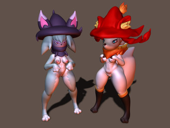 anthro areola black_clothing black_legwear black_nose blue_body blue_eyes blue_fur breasts brown_nose clothing digitigrade dipstick_ears duo ear_markings eyelashes female front_view fur genitals grey_background hat headgear headwear inner_ear_fluff legwear markings multicolored_ears navel neck_tuft nipples nude orange_body orange_fur palmorph pink_areola pink_eyes pink_nipples purple_clothing purple_hat purple_headwear purple_scarf red_clothing red_hat red_headwear scarf simple_background small_breasts thick_thighs tuft vulva white_body white_fur wide_hips witch_hat zhenash palworld pocketpair katress pal_(species) wixen 3d_(artwork) 4:3 absurd_res digital_media_(artwork) hi_res