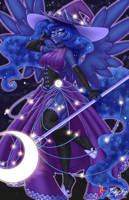 anthro armwear blue_eyes blue_eyeshadow blue_hair blue_tail clothing dress elbow_gloves elbow_sleeves eyeshadow female footwear gloves hair handwear hat headgear headwear horn legwear looking_at_viewer magic_user makeup one_eye_closed purple_clothing purple_dress shoes solo staff stockings tail wings wink winking_at_viewer witch witch_hat inkkey-studios friendship_is_magic hasbro my_little_pony mythology princess_luna_(mlp) equid equine mammal mythological_creature mythological_equine winged_unicorn hi_res