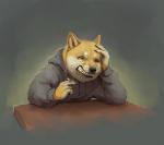 angry anthro black_nose cigarette clothing hoodie male sharp_teeth simple_background smoking snarling solo teeth topwear wolframclaws dogelore doge canid canine canis domestic_dog mammal shiba_inu spitz meme