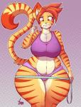 anthro big_breasts bra breasts clothed clothing curvy_figure female green_eyes hair midriff navel nipple_outline orange_hair panties shirt short_hair skimpy slightly_chubby solo stripes tail tape_measure thick_thighs topwear underwear voluptuous wide_hips jaeh loree felid mammal 2016 hi_res