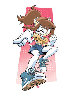 anthro black_nose bottomwear bra breasts brown_clothing brown_hair brown_shirt brown_topwear clothing female fist footwear gesture gloves hair hand_gesture handwear looking_at_viewer low-angle_view midriff one_eye_closed pointing ponytail shirt shoes shorts simple_background smile sneakers solo tail topwear underwear white_body white_clothing white_gloves white_handwear tracy_yardley sega sonic_the_hedgehog_(series) fan_character eulipotyphlan hedgehog mammal 2023 digital_media_(artwork) hi_res