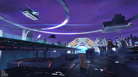 ambiguous_gender anthro biped detailed_background flying_vehicle future kemono nude rear_view solo space standing aruurara canid canine fox mammal 16:9 widescreen