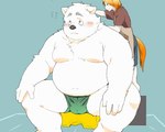 anthro belly big_belly blush boxers_(clothing) bulge clothed clothing duo fur green_clothing green_underwear humanoid_hands kemono male moobs overweight overweight_male sitting size_difference underwear underwear_only white_body white_fur inunoshippo canid canine canis domestic_dog mammal 2022 5:4 hi_res