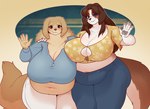 anthro arm_around_shoulders belly big_belly big_breasts blue_eyes bottomwear breasts brown_body brown_eyes brown_fur brown_hair chest_tuft clothing duo female female/female fluffy fluffy_tail fur gesture hair huge_belly huge_breasts mature_anthro mature_female midriff multicolored_body multicolored_fur overweight overweight_female pants shirt smile tail topwear tuft waving waving_at_viewer wide_hipped_female wide_hips yellow_body yellow_fur dabbledraws madeline_hettrick vreneli_liljedahl bird_dog canid canine canis domestic_dog golden_retriever hunting_dog mammal molosser mountain_dog retriever saint_bernard 2024 hi_res