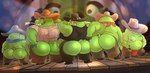 2024 angry_birds ass_to_ass belly big_butt butt chaps clothing cowboy cowboy_hat detailed_background domestic_pig facial_hair green_body group hat haxsmack headgear headwear hi_res looking_at_viewer looking_back looking_back_at_viewer male mammal moobs nipples overweight overweight_male pig_(angry_birds) presenting presenting_hindquarters rovio_entertainment sega shirt short size_difference stage suid suina sus_(pig) take_your_pick topwear
