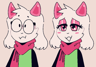 anthro blush bovid_horn caprine_horn clothed clothing comparison eyelashes eyeshadow eyewear fangs femboy fur glasses goat_horn horn makeup male pink_eyes scarf simple_background solo teeth white_background white_body white_fur deceased_bunny deltarune undertale_(series) ralsei bovid caprine darkner goat mammal 2021 digital_media_(artwork)