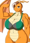 2016 antennae_(anatomy) anthro anthrofied biceps big_breasts bottomless bra breasts brown_body brown_hair brown_scales cleavage clothed clothing curvy_figure dragon dragonite fan_character female flexing generation_1_pokemon genitals grey_eyes hair horn huge_breasts long_hair looking_at_viewer lunis1992 mature_anthro mature_female membrane_(anatomy) membranous_wings muscular muscular_anthro muscular_female mythological_creature mythological_scalie mythology navel nintendo non-mammal_breasts orange_body orange_horn orange_scales pokemon pokemon_(species) pussy scales scalie simple_background smile solo thalia_drakos thick_thighs underwear voluptuous white_background wide_hips wings