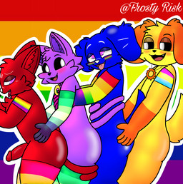 5_fingers anthro arm_warmers armband armwear aroused blue_body blue_fur blush cheek_tuft clothing facial_tuft femboy fingers fluffy fluffy_tail foursome fur genitals glistening glistening_body group group_sex happy head_tuft legwear lgbt_pride male male/male orange_body orange_fur penetration penile penile_penetration penis pride_color_flag pride_colors purple_body purple_fur red_body red_fur sex simple_background tail tail_coil thigh_highs tuft frosty_risk lgbt_pride_month mob_entertainment poppy_playtime smiling_critters catnap_(poppy_playtime) chaz_barkley(bruce_bronze) dogday_(poppy_playtime) riley_augestine(bruce_bronze) canid canine canis domestic_cat domestic_dog felid feline felis mammal