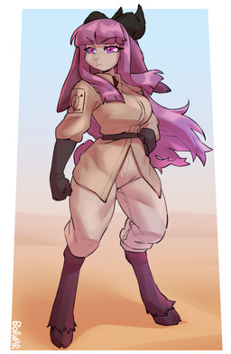 anthro bottomwear breasts brown_clothing clothing desert female gloves grey_body hair handwear hooves horn looking_aside pants purple_eyes purple_hair sand solo standing tail borvar lagomorph leporid mammal rabbit 2026 absurd_res digital_media_(artwork) hi_res