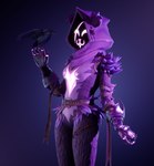 :3 ambiguous_gender anthro armor belt bird_hand black_body black_feathers chest_tattoo claws clothed clothing eye_contact eye_scar facial_scar feathers female finger_claws fur gauntlets gloves glowing glowing_eyes handwear happy hood leg_scar looking_at_another open_:3 pink_eyes purple_background purple_body purple_fur ribbons scar shadow simple_background smile solo tattoo thick_thighs bufflovestheart epic_games fortnite fortnite:_battle_royale raven_team_leader avian bear bird corvid corvus_(genus) crow humanoid mammal oscine passerine raven ursine 2023 3d_(artwork) absurd_res digital_media_(artwork) hi_res