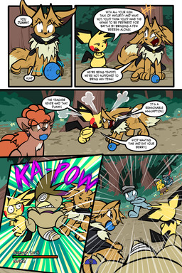 5_panel_comic ambiguous_gender angry argument bandage battle berry biped black_cape black_clothing black_eyes black_nose black_tail black_text brown_body brown_eyes brown_fur brown_hair cape cheek_spots chest_gem claws clothing crossed_arms day dialogue dizzy_eyes dot_eyes dot_pupils exclamation_point eyebrows eyelashes feral finger_claws first_person_view flower fluffy fluffy_tail food forehead_gem fruit fur gameplay_mechanics gem group gui hair hat headgear headwear health_bar inner_ear_fluff looking_at_another motion_lines mouth_closed multi_tail neck_tuft open_mouth oran_berry outside page_number paws plant pokemon_berry pupils purple_scarf purple_text quadruped red_cheeks scarf sharp_teeth shrub simple_eyes sound_effects speech_bubble tail talking_to_another teeth text toe_claws tongue toony translucent translucent_hair tree tuft tusks white_pupils white_sclera white_text wounded yellow_body yellow_fur yellow_gem virmir nintendo pokemon pokemon_mystery_dungeon spike_chunsoft medik_jackal sierra_(virmir) virmir_(character) zinc_(zincxiron) axew drowzee eevee generation_1_pokemon generation_2_pokemon generation_5_pokemon humanoid machop pichu pokemon_(species) sneasel vulpix 2025 2:3 absurd_res comic english_text hi_res signature