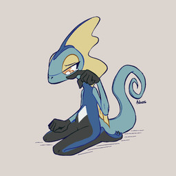 ambiguous_gender anthro biped black_body blue_body bodily_fluids crying kneeling orange_eyes simple_background solo tears yellow_body advos nintendo pokemon generation_8_pokemon inteleon pokemon_(species) 1:1