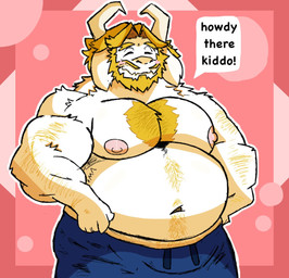 2_horns anthro beard belly belly_hair biceps big_belly big_nipples blonde_beard blonde_facial_hair blonde_hair blonde_mustache blush body_hair bottomwear chest_hair clothed clothing eyebrows eyes_closed facial_hair fur hair hairy horn male muscular muscular_anthro muscular_male mustache navel nipples overweight overweight_anthro overweight_male pants pube_peek pubes simple_background solo sweatpants text topless white_body white_fur crococola undertale_(series) asgore_dreemurr boss_monster_(undertale) bovid caprine goat mammal english_text