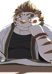 anthro blue_eyes blush fur male overweight overweight_male reading scroll solo striped_body striped_fur stripes white_body white_fur 9dtq0 lifewonders tokyo_afterschool_summoners licho_(tas) felid mammal pantherine tiger absurd_res hi_res