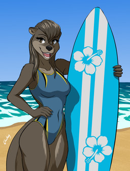 anthro beach black_hair brown_body brown_eyes brown_fur clothing ears_up eyebrows eyelashes female fur hair open_mouth sea solo surfboard swimwear teeth teeth_showing tongue water chisheq nat_(mykegreywolf) mammal mustelid otter hi_res
