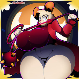 anthro big_breasts breasts clothed clothing female flail huge_breasts jacket melee_weapon moon navel night simple_background solo tan_body thick_thighs topwear weapon wide_hips lukazmx mina_the_hollower yacht_club_games mina_(mina_the_hollower) mammal mouse murid murine rodent 1:1 absurd_res hi_res