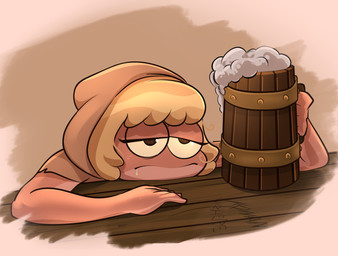 alcohol anthro beer beverage black_eyes blonde_hair bubble clothing container cup drunk female fingers hair half-closed_eyes holding_object hoodie mug narrowed_eyes pink_body pink_skin solo substance_intoxication topwear konansaurus amphibia_(series) disney leif_plantar amphibian frog hi_res