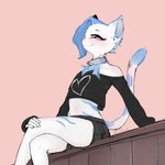 anthro blue_hair bottomwear clothing collar crossed_legs femboy fingers fur fur_markings hair in_heat male markings navel shorts sitting smile smug solo white_body white_fur ds0ivi0 stiria felid feline mammal 1:1 absurd_res hi_res