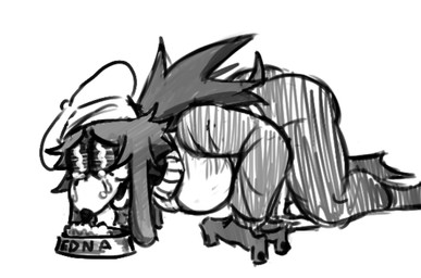 all_fours anthro bent_over big_butt bodily_fluids bottomless bowl butt clothed clothing container crying eating female hair on_ground pet_bowl ponytail solo tail tears ghastlybum edna_(ghastlybum) canid canine mammal monochrome