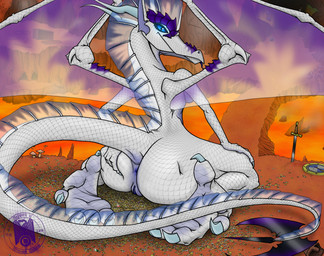 anthro anus barefoot biped blue_anus blue_claws blue_eyes blue_vulva bone breasts butt claws coin emerald_(gem) eyelashes feet female fungus gem genitals gold_(metal) gold_coin hand_on_butt horn kneeling lava long_tail looking_at_viewer looking_back melee_weapon membrane_(anatomy) membranous_wings mushroom non-mammal_breasts nude ruby_(gem) scales shield side_boob silver_(metal) silver_coin sitting skull smile solo sword tail treasure treasure_hoard vulva wariza weapon white_body white_scales wings dr_nowak mythology zyxmir dragon mythological_creature mythological_scalie scalie 2010 hi_res
