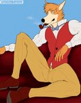 anthro bottomwear bow_tie clothing collared_shirt dress_shirt footwear formal_clothing fur furniture looking_at_viewer male orange_body orange_fur pants perspective relaxing shirt shoes simple_background smoke smoking smoking_pipe smoking_smoking_pipe sofa solo spread_legs spreading suit tan_body tan_fur topwear depictionexpress sherlock_hound canid canine canis domestic_dog mammal hi_res