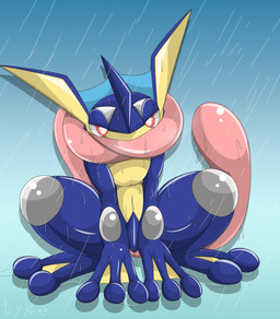 ambiguous_gender anthro navel raining simple_background solo type nintendo pokemon amphibian generation_6_pokemon greninja pokemon_(species) 2015 hi_res