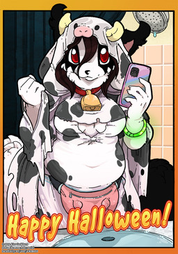 animal_print anthro bell bell_collar black_body black_fur breasts brown_hair cellphone claws clothed clothing collar cow_print cow_print_clothing cowbell ear_tuft electronics fanny_pack female fully_clothed fur hair holidays horn kigurumi looking_at_viewer onesie phone red_eyes shower shower_head slightly_chubby smartphone solo text tuft water white_body white_fur o-kemono halloween pussycat_(o-kemono) domestic_cat felid feline felis mammal 2025 url