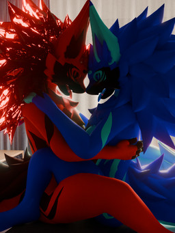 anthro bed bedroom blue_body blue_fur blush breasts butt crystal_hair curtains duo female female/female fur fur_markings furniture hand_on_back hand_on_shoulder hug markings natural_breasts nightstand red_body red_fur sex tongue tongue_out diamondprotogen diamond_(diamondprotogen) ruby_(diamondprotogen) novabeast hi_res