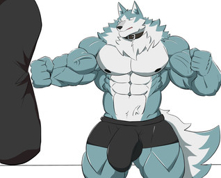 abs anthro barazoku biceps big_bulge big_muscles bulge clothing collar exercise fist fur huge_bulge huge_muscles male muscular muscular_anthro muscular_male navel nipples obliques pecs punch punching_bag quads simple_background solo standing tuft underwear vein veiny_muscles white_background workout wolfblack43 brand_new_animal studio_trigger shirou_ogami canid canine canis mammal wolf 2022 hi_res