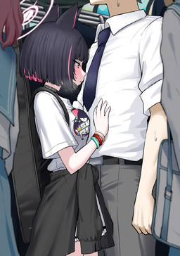 accessory animal_ears band_shirt black_hair blush bodily_fluids bottomwear bracelet breast_squish breasts cat_print choker clothes_around_waist clothing faceless_character female female_focus guitar_case hair halo hand_on_another's_chest jewelry mask_off mouth_mask multicolored_hair necklace necktie open_mouth pink_hair shirt short_hair skirt snorting squish sweat sweatdrop topwear two_tone_hair white_clothing white_shirt white_topwear nichijou_123 blue_archive nexon kazusa_kyoyama sensei_(blue_archive) animal_humanoid cat_humanoid felid felid_humanoid feline feline_humanoid human humanoid mammal mammal_humanoid hi_res